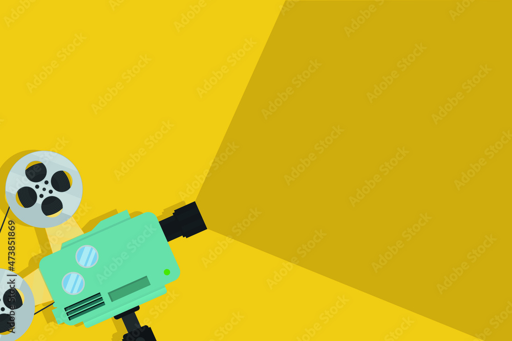 Vector yellow background with lighting of an old-fashioned movie camera on a tripod. Can be used to write text