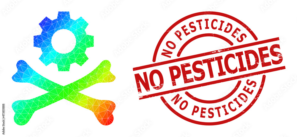 NO PESTICIDES dirty stamp imitation and lowpoly rainbow colored death mechanics icon with gradient. Red stamp seal includes No Pesticides tag inside circle and lines template. NO PESTICIDES dirty stamp imitation and lowpoly rainbow colored death mechanics icon with gradient. Red stamp seal includes No Pesticides tag inside circle and lines template.