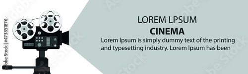 Film time concept with movie projector and text area. Movie poster, booklet or banner template with detailed retro projector with film strip. Vector