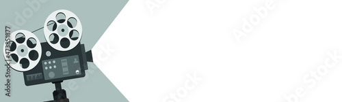The concept of showing films through a movie projector and a text area. Vector illustration.