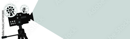 Panorama concept of online cinema. Vintage retro movie camera with light. Online cinema concept. Movie time. Vector