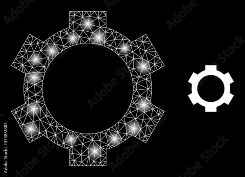 Bright network cog web icon with illuminated spots. Illuminated model done from cog vector icon. Glossy carcass web polygonal cog, on a black background.