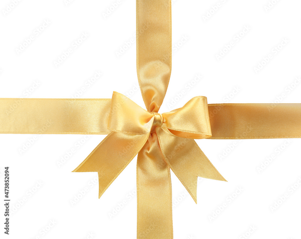 Beautiful golden ribbons with bow on white background, top view Beautiful golden ribbons with bow on white background, top view