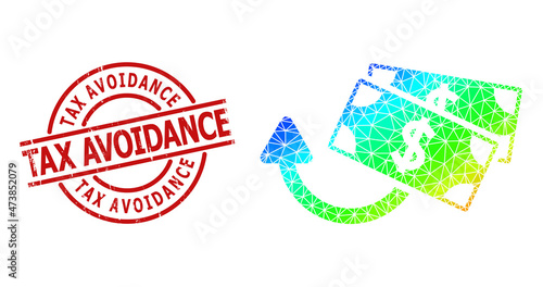 Tax Avoidance rubber stamp seal and lowpoly rainbow colored dollar banknotes refund icon with gradient. Red stamp seal contains TAX AVOIDANCE title inside round and lines template.