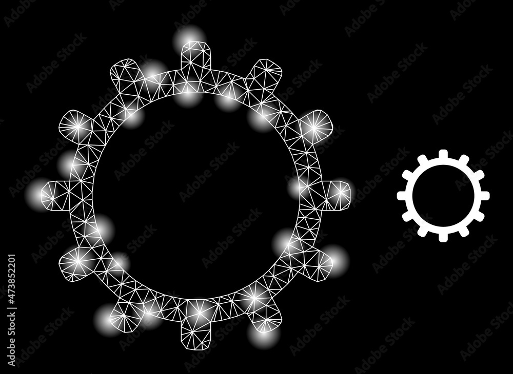 Glowing network cog web icon with illuminated spots. Illuminated constellation is generated using cog vector icon. Flare carcass web polygonal cog, on a black background. Glowing network cog web icon with illuminated spots. Illuminated constellation is generated using cog vector icon. Flare carcass web polygonal cog, on a black background.