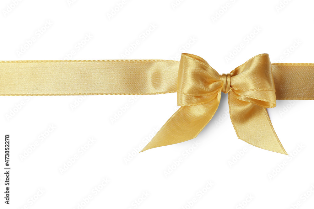 Beautiful golden ribbon with bow isolated on white, top view Beautiful golden ribbon with bow isolated on white, top view