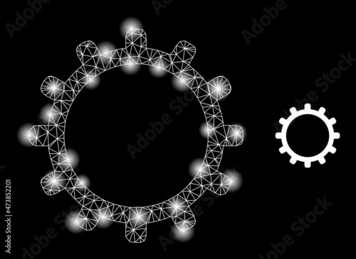 Glowing network cog web icon with illuminated spots. Illuminated constellation is generated using cog vector icon. Flare carcass web polygonal cog, on a black background.