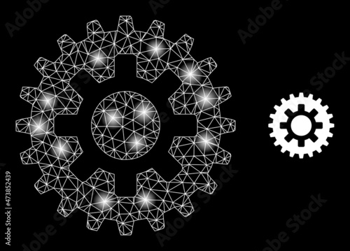 Bright net cogwheel web icon with glossy spots. Illuminated model generated using cogwheel vector icon. Glossy carcass web polygonal cogwheel, on a black background.