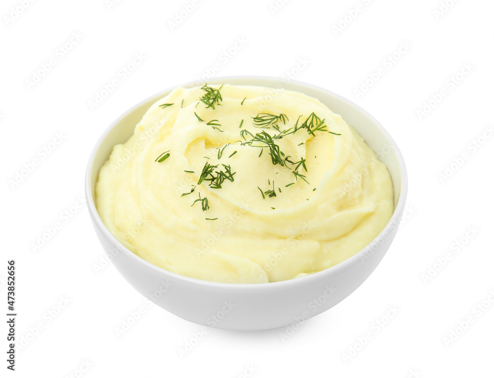 Bowl with freshly cooked homemade mashed potatoes isolated on white Bowl with freshly cooked homemade mashed potatoes isolated on white
