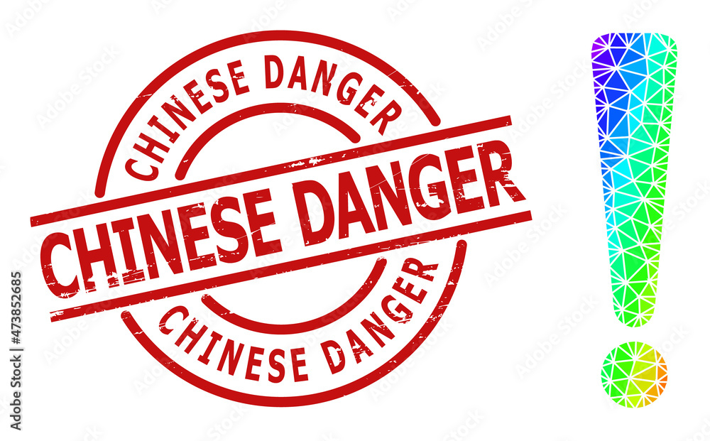 Chinese Danger grunge stamp seal and low-poly spectrum colored exclamation sign icon with gradient. Red stamp seal has CHINESE DANGER title inside circle and lines template. Chinese Danger grunge stamp seal and low-poly spectrum colored exclamation sign icon with gradient. Red stamp seal has CHINESE DANGER title inside circle and lines template.