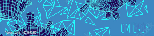 Covid-19 omicron new strain variant wide banner. Futuristic neon glowing particles. Vector 3d style design