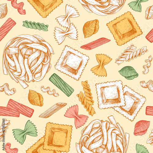 Various pasta seamless pattern. Vector hand drawn illustration in vintage engraved style. Different kind of classic pasta. Background for fabric, wrapping paper, textile, wallpaper