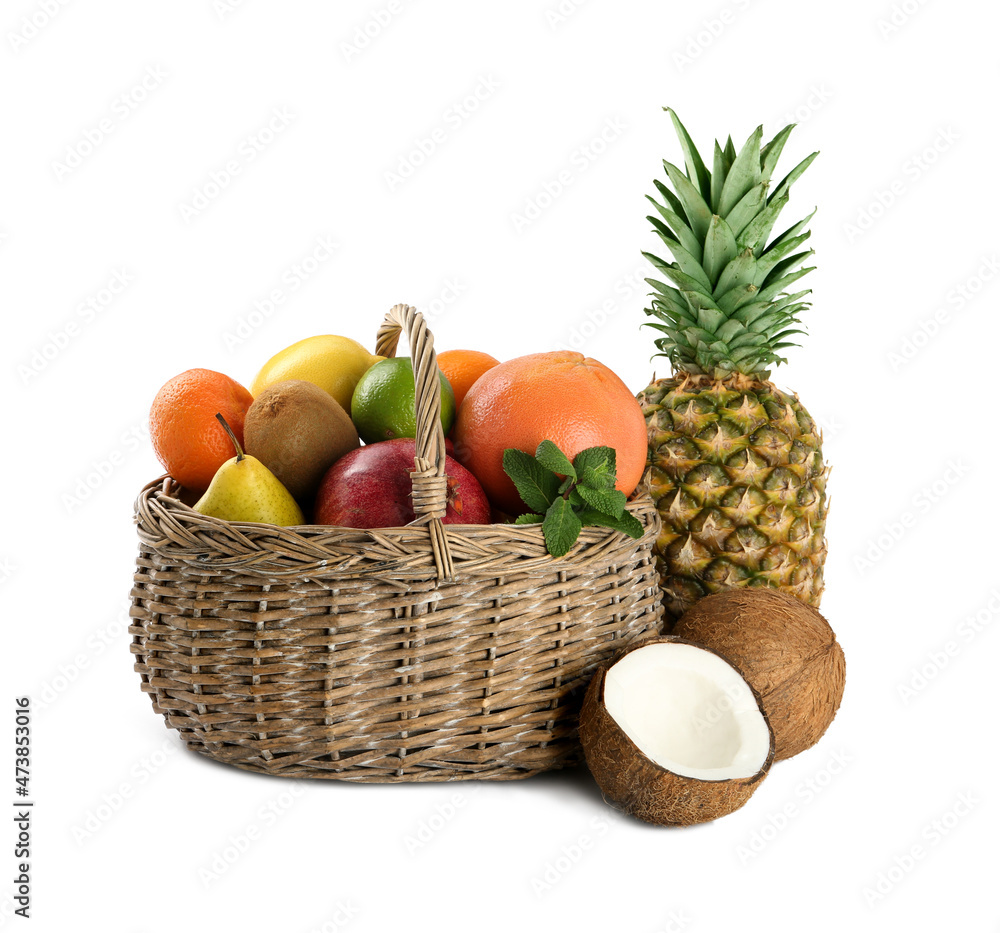 Fresh ripe fruits and wicker basket on white background