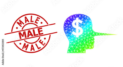 Male grunge seal and low-poly spectral colored financial liar icon with gradient. Red stamp has Male text inside round and lines shape. Triangulated financial liar polygonal 2d illustration.