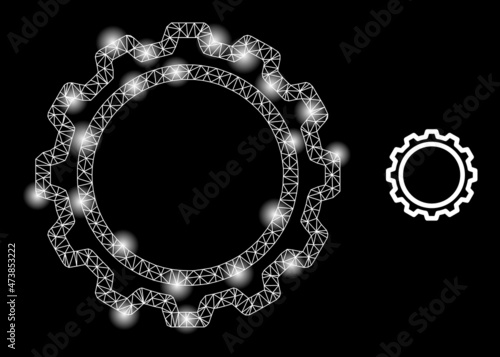 Bright mesh contour gear web icon with bright spots. Illuminated constellation done from contour gear vector icon. Illuminated carcass web polygonal contour gear, on a black background.