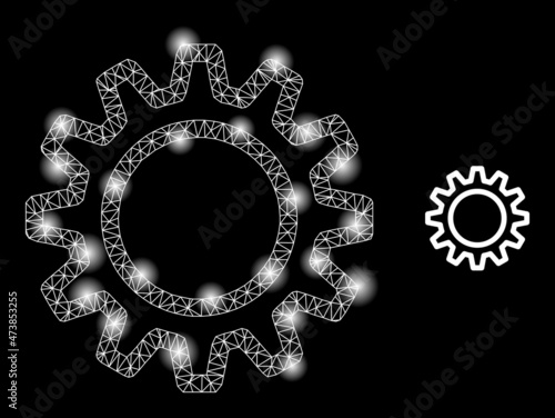Constellation network contour gear web icon with illuminated light spots. Illuminated constellation is generated using contour gear vector icon. Illuminated carcass web polygonal contour gear,