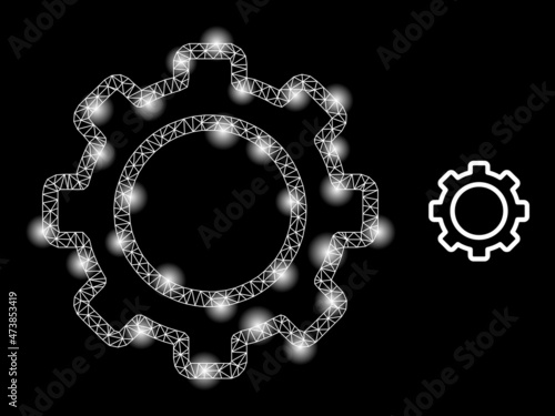 Constellation mesh contour gear web icon with bright light spots. Illuminated constellation generated from contour gear vector icon. Bright carcass web polygonal contour gear, on a black background.