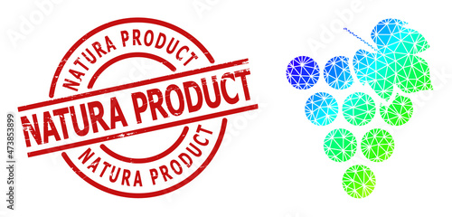 Natura Product rubber stamp imitation, and lowpoly spectral colored grape bunch icon with gradient. Red stamp seal includes Natura Product caption inside round and lines template.