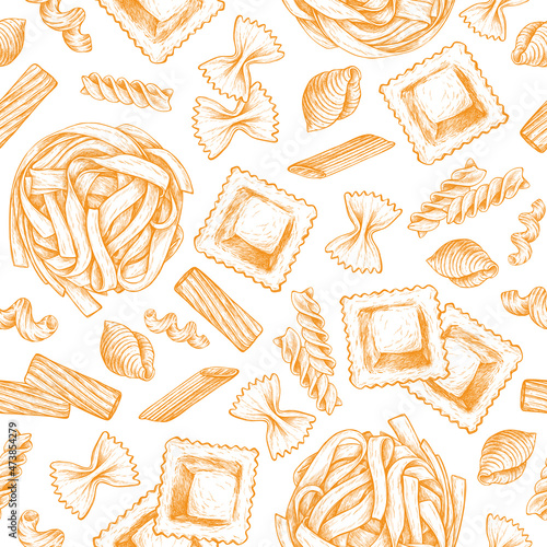 Various pasta seamless pattern. Vector hand drawn illustration in vintage engraved style. Different kind of classic pasta. Background for fabric, wrapping paper, textile, wallpaper