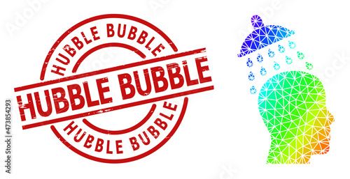 HUBBLE BUBBLE grunge stamp imitation, and lowpoly spectral colored head shower icon with gradient. Red stamp contains HUBBLE BUBBLE text inside round and lines form.