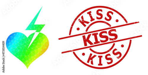 Kiss unclean seal and lowpoly spectrum colored heart strike icon with gradient. Red seal has KISS title inside circle and lines form. Triangulated heart strike polygonal icon illustration.