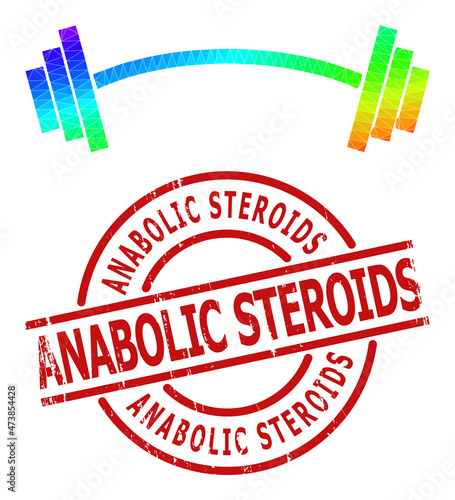 ANABOLIC STEROIDS grunge stamp print and low-poly spectral colored heavy barbell icon with gradient. Red stamp seal includes ANABOLIC STEROIDS text inside round and lines template.