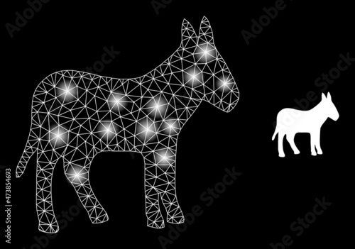 Glare mesh donkey web icon with sparkle spots. Illuminated model generated from donkey vector icon. Sparkle carcass web polygonal donkey  on a black background.