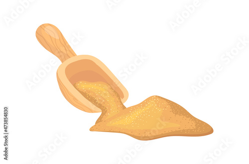 Spoonful of cane sugar. Wood spoon with brown granulated product, cartoon vector flat icon illustration