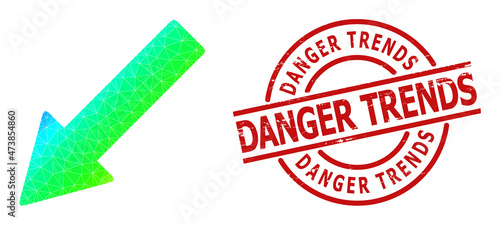 DANGER TRENDS grunge seal, and low-poly rainbow colored left down arrow icon with gradient. Red stamp seal has Danger Trends tag inside round and lines template.