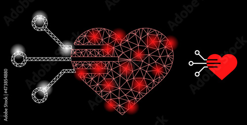 Bright network electric heart web icon with illuminated light spots. Illuminated constellation is done from electric heart vector icon. Constellation carcass web polygonal electric heart,