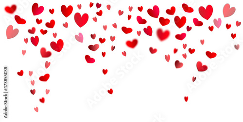 Falling hearts horizontal on transparent background. Valentine background with red and pink hearts