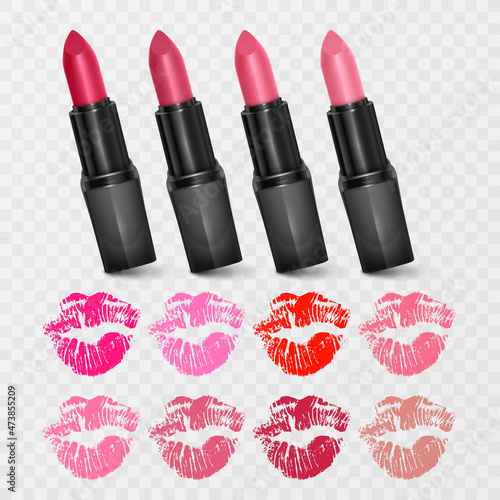 Set of color lipsticks. Red lipstick, pink lipstick, orange lipstick. Red lipstick set isolated on white background, vector format