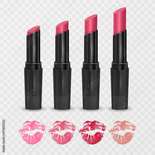 Set of color lipsticks. Red lipstick, pink lipstick, orange lipstick. Red lipstick set isolated on white background, vector format