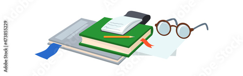 Study books library. Pile textbooks with glasses, cartoon notebook and textbook of bookstore vector