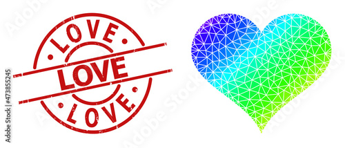 LOVE rubber stamp seal, and lowpoly rainbow colored love heart icon with gradient. Red stamp seal includes Love title inside round and lines shape.