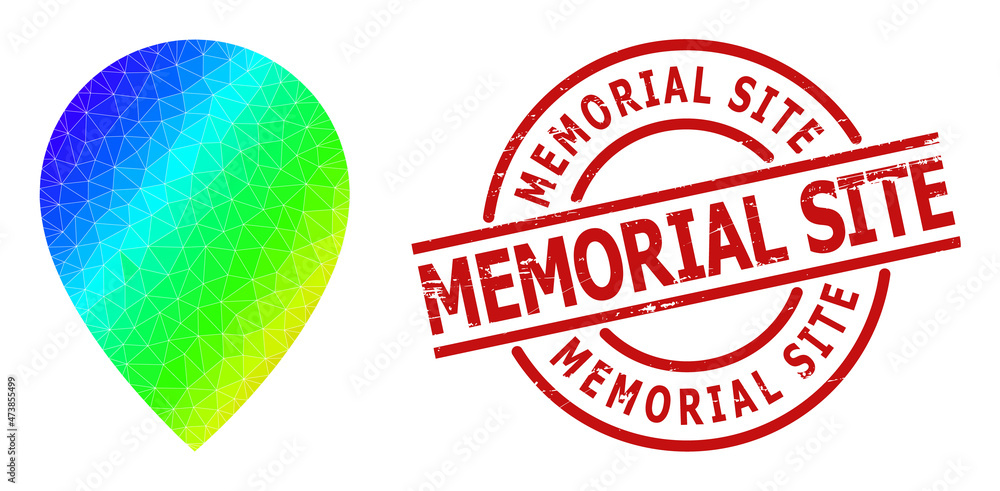 Memorial Site scratched stamp imitation and low-poly spectral colored map marker icon with gradient. Red seal has Memorial Site title inside circle and lines template. Memorial Site scratched stamp imitation and low-poly spectral colored map marker icon with gradient. Red seal has Memorial Site title inside circle and lines template.