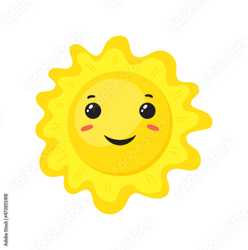 Sunshine emoji. Smiley kid character, flat icon vector design
