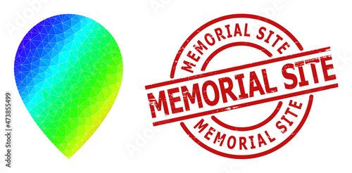 Memorial Site scratched stamp imitation and low-poly spectral colored map marker icon with gradient. Red seal has Memorial Site title inside circle and lines template.