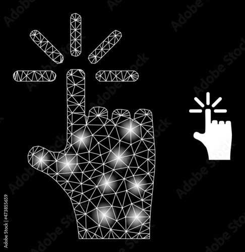 Constellation net finger click web icon with illuminated light spots. Illuminated constellation done from finger click vector icon. Glowing carcass web polygonal finger click, on a black background.