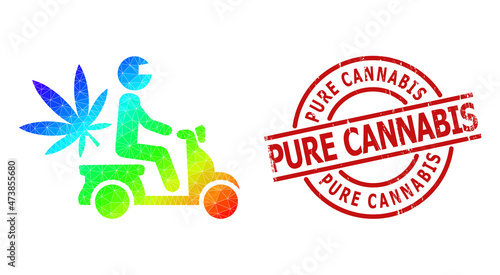 PURE CANNABIS corroded stamp seal, and low-poly spectral colored marijuana motorbike delivery icon with gradient. Red seal has Pure Cannabis text inside circle and lines form.