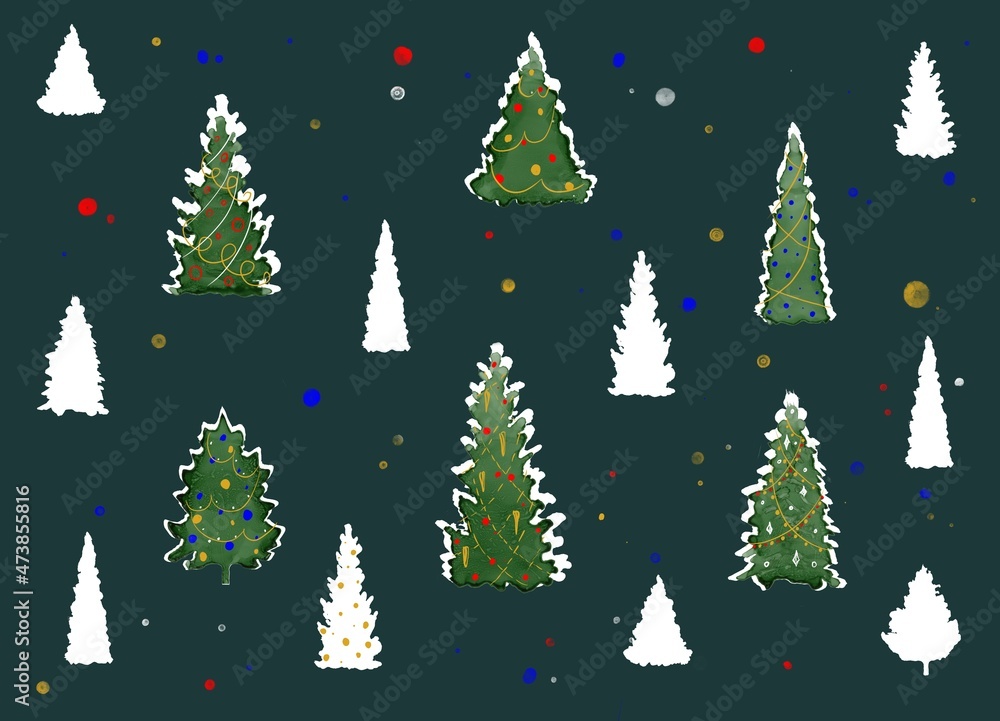 Set of isolated spruce, pine, christmas tree background. Collection of Christmas decorations, winter snowflakes background. Colorful watercolor Christmas illustration, Christmas greeting postcard.