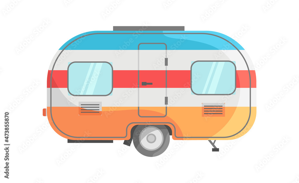 Trailer with multi colored stripes. Print adventure on car for transportation campsite, icon flat vector illustration