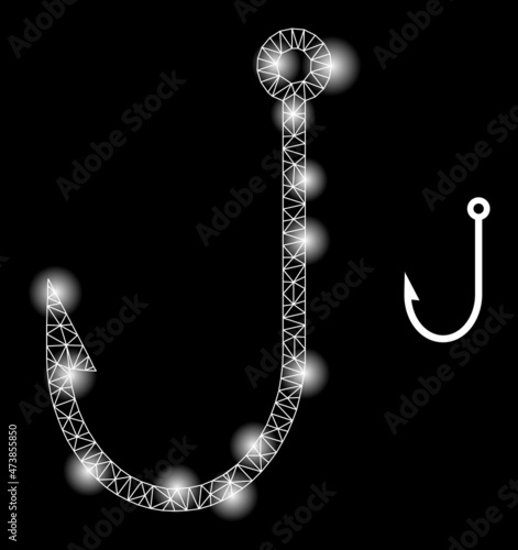 Glare net fish hook web icon with illuminated spots. Illuminated constellation is generated using fish hook vector icon. Illuminated carcass web polygonal fish hook, on a black background.