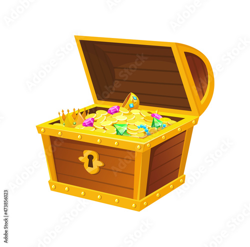 Treasures crate. Dark chest or box with deposit coins, vector illustration