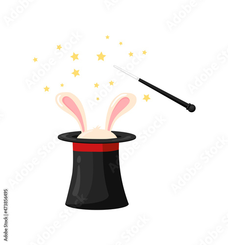 Trick with hare out of hat. Circus show illusionist, abracadabra cap, vector illustration