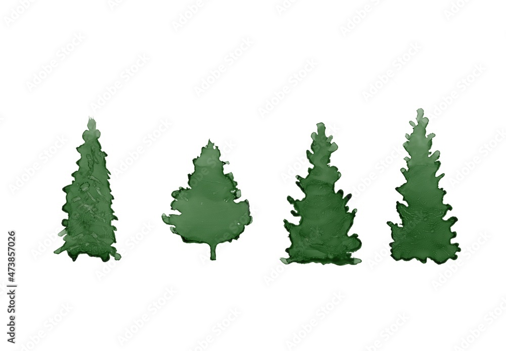 Fototapeta premium Set of isolated spruce, pine, christmas tree. Collection of Christmas decorations, holiday gifts, winter snowflakes background. Colorful watercolor Christmas illustration, Christmas greeting postcard.