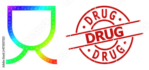 Drug unclean stamp print and lowpoly rainbow colored mug icon with gradient. Red stamp contains DRUG text inside round and lines template. Triangulated mug polygonal icon illustration.