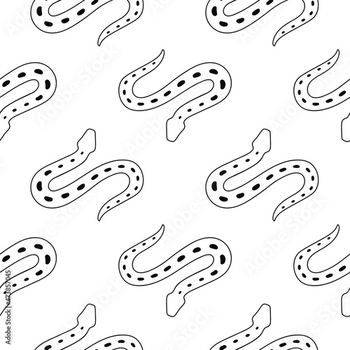 Seamless pattern with snake doodles. Contour image Background with black drawings of a reptile animal. Vector linear serpent ornament, print sample