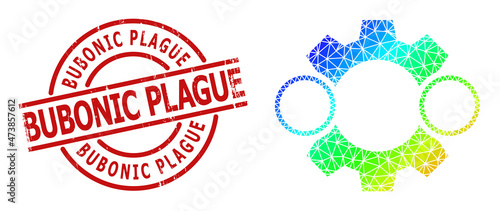 Bubonic Plague unclean stamp seal, and lowpoly spectrum colored nanobot icon with gradient. Red seal contains Bubonic Plague tag inside circle and lines form.