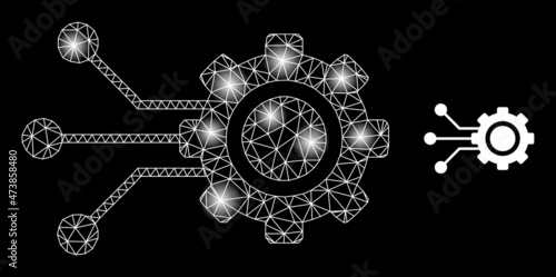 Constellation net gear connectors web icon with sparkle spots. Illuminated constellation created from gear connectors vector icon. Sparkle frame web polygonal gear connectors, on a black background.